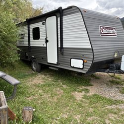 Silverton Lakes RV Park - Our camp site and hang out area, backed fully in the mountain