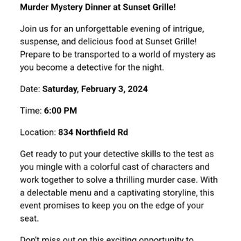 Sunset Grille At Crestbrook Park - About the event for a murder mystery dinner that does not disclose the DINNER is an extra charge. - New American Near Me - Watertown, Connecticut Sunset Grille At Crestbrook Park - About the event for a murder mystery dinner that does not disclose the DINNER is an extra charge. - New American Near Me - Watertown, Connecticut