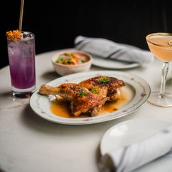 Bar Parisette - A Study in Violet and Roasted Chicken with summer snap pea sidecar