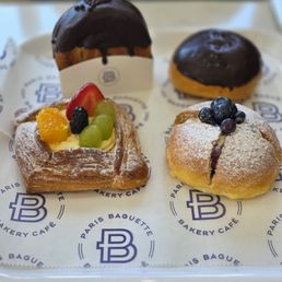 Fruit pastries, choc grenache pastry and a choc croissant with filling! Fruit pastries, choc grenache pastry and a choc croissant with filling!