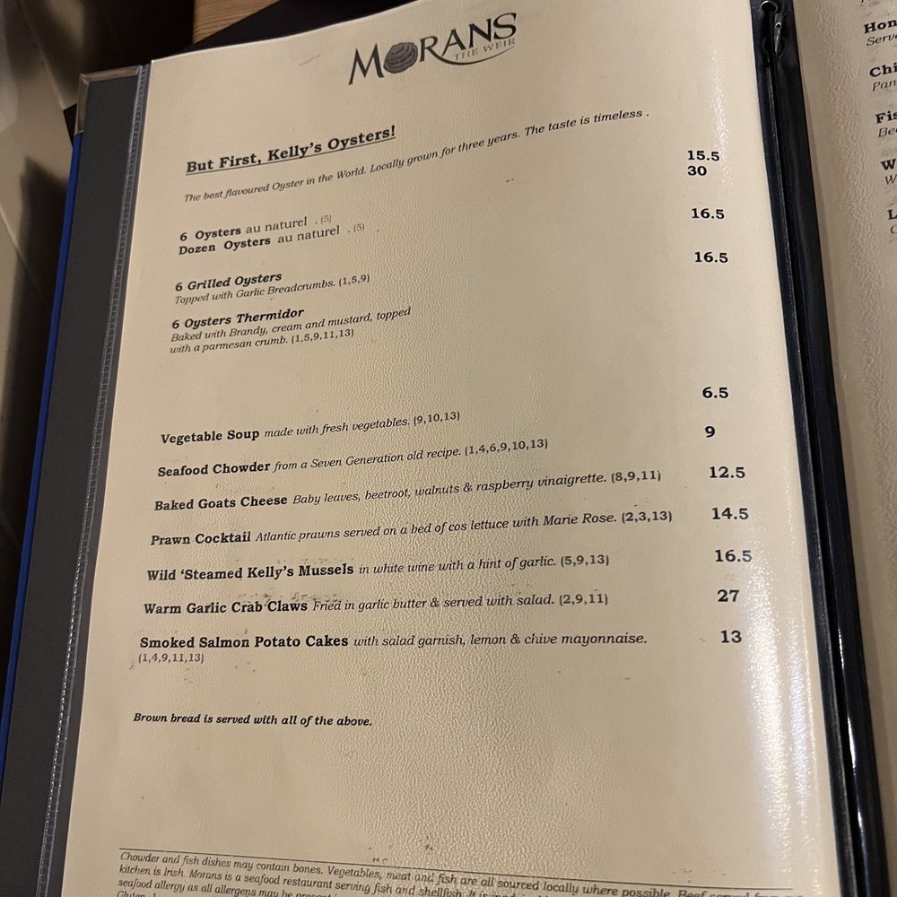 Morans Oyster Cottage - Appetizer Menu - Seafood Near Me - Galway, G Morans Oyster Cottage - Appetizer Menu - Seafood Near Me - Galway, G