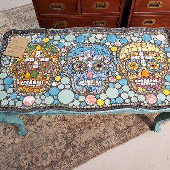 Creek Mercantile - A table with a mosaic of sugar skulls, in the downstairs - Antiques Near Me - Mount Laurel Township, New Jersey Creek Mercantile - A table with a mosaic of sugar skulls, in the downstairs - Antiques Near Me - Mount Laurel Township, New Jersey