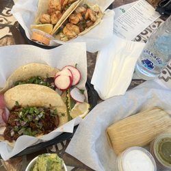 Taqueria Ventura Doña Raquel - Birria Tacos, Shrimp Tacos, Chicken Tamale. Tastes even better than it looks.