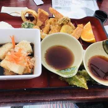 Joy Sushi - Vegetarian bento: agedashi tofu, edemame potstickers, with vegetable tempura, rice and miso soup - Sushi Bars Near Me - San Mateo, California