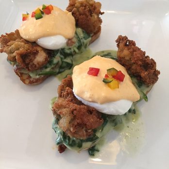 The Depot - Eggs Benedict Florentine with fried oysters - New American Near Me - Auburn, Alabama