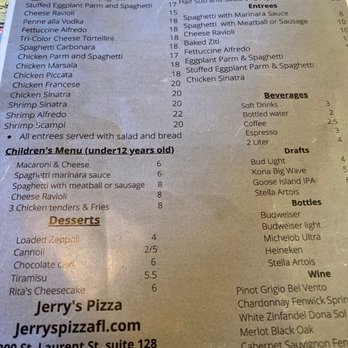 Jerry's Pizza - Back of menu with their delicious entrees. - Italian Near Me - Longwood, Florida Jerry's Pizza - Back of menu with their delicious entrees. - Italian Near Me - Longwood, Florida