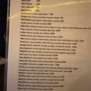 Maki Toki - A sushi menu from Maki Toki in Austin, TX, featuring a variety of sushi rolls such as California, Spicy Tuna, and Sunset, with prices ranging from $7.99 to $13.99. - Sushi Bars Near Me - Austin, Texas