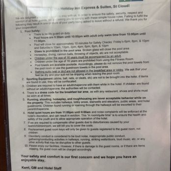 Holiday Inn Express & Suites St. Cloud - Rules posted in elevator - Hotels Near Me - Saint Cloud, Minnesota