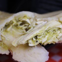Tamal de pollo, chicken in green salsa.