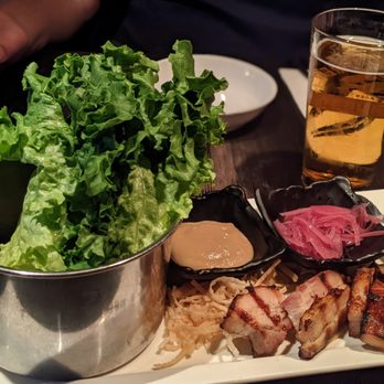 Hapa Izakaya - Pork belly lettuce wraps w a glass of Soporo. On point! - Japanese Near Me - Vancouver, British Columbia