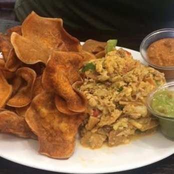 The Chef's Corner - Scrambled Eggs Mixed with Shredded Flank Steak (with Guacamole and Chipotle sauce) - New American Near Me - Mineola, New York