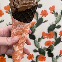 Jamocha Chaga Fudge in a dark cocoa cone Jamocha Chaga Fudge in a dark cocoa cone