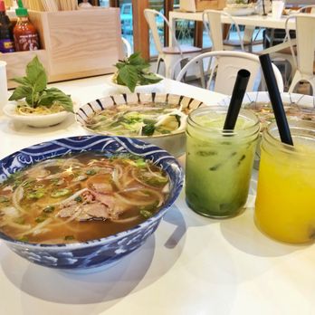 Sip Pho - Beef Pho - rare steak and tendon (front) Seafood Pho (middle) Beef Pho - rare steak and flank (back) - Vietnamese Near Me - Austin, Texas