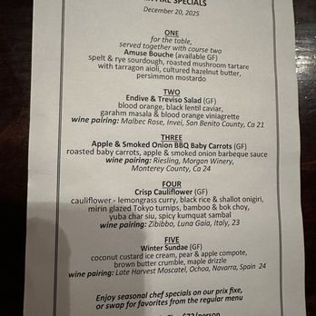 Millennium - Menu Prix Fixe - Vegan Near Me - Oakland, California
