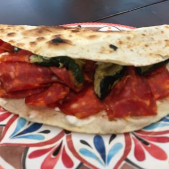 C'era Una Volta Una Piada - spianata piadina---pepperoni w grilled zuchinni and soft cheese - Piadina Near Me - Milan, Michigan C'era Una Volta Una Piada - spianata piadina---pepperoni w grilled zuchinni and soft cheese - Piadina Near Me - Milan, Michigan