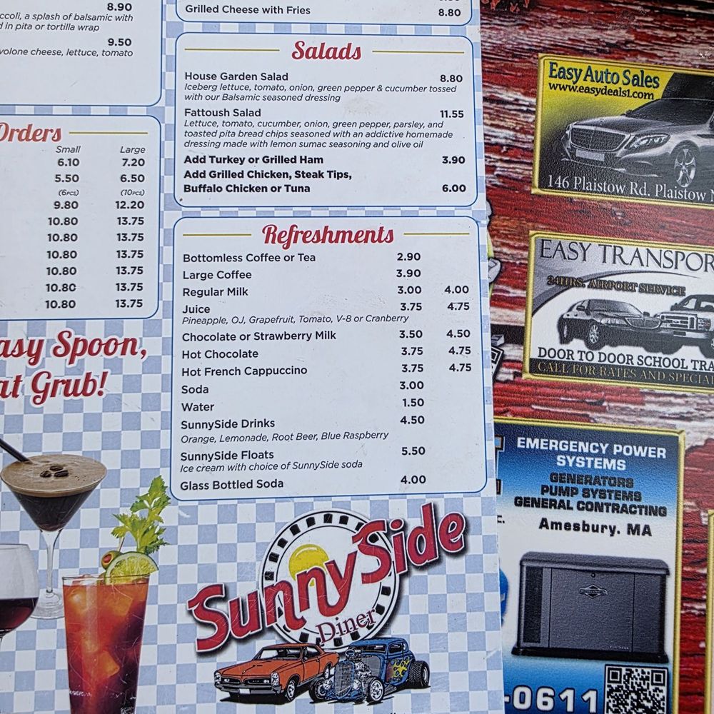 Sunnyside Diner - Big, two sided menu, breakfast & lunch - Coffee & Tea Near Me - Lawrence, Massachusetts Sunnyside Diner - Big, two sided menu, breakfast & lunch - Coffee & Tea Near Me - Lawrence, Massachusetts
