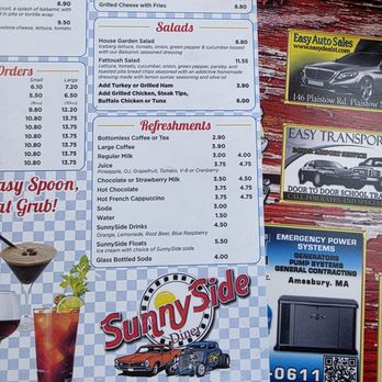 Sunnyside Diner - Big, two sided menu, breakfast & lunch - Menu from SunnySide Diner displaying kids' meals, salads, and beverage options, with prices and descriptions. - Coffee & Tea Near Me - Lawrence, Massachusetts