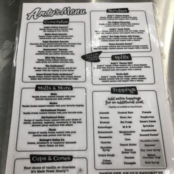 Andy's Frozen Custard - Menu - Ice Cream & Frozen Yogurt Near Me - Concord, North Carolina Andy's Frozen Custard - Menu - Ice Cream & Frozen Yogurt Near Me - Concord, North Carolina