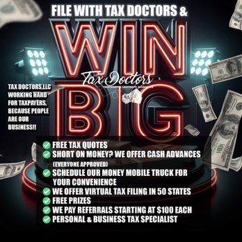 Tax Doctors - Win BIG with Tax Doctors. LLC!!
Free estimates
Cash Advances
Free Prizes
Referral incentives - Tax Services Near Me - Houston, Texas Tax Doctors - Win BIG with Tax Doctors. LLC!!
Free estimates
Cash Advances
Free Prizes
Referral incentives - Tax Services Near Me - Houston, Texas