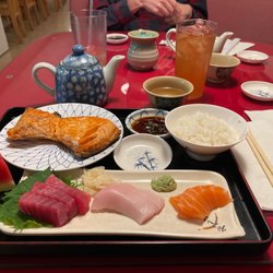 Shogun Sushi - Salmon collar with sashimi #4. My favorite! Comes with a salad with homemade delicious dressing and miso soup.