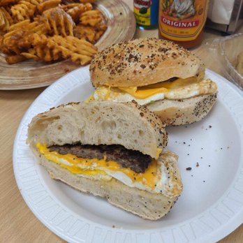 Pop's Bagel Shop - Sausage, egg, cheese on everything bagel.  Plus Fries. Delicious!! - Breakfast & Brunch Near Me - Wharton, New Jersey
