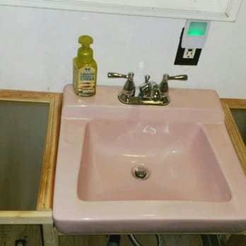 A Flair 4 Repair - Top view of custom cabinet with 1960s pink sink - Painters Near Me A Flair 4 Repair - Top view of custom cabinet with 1960s pink sink - Painters Near Me