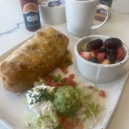 Breakfast burritos, side of fruit Breakfast burritos, side of fruit