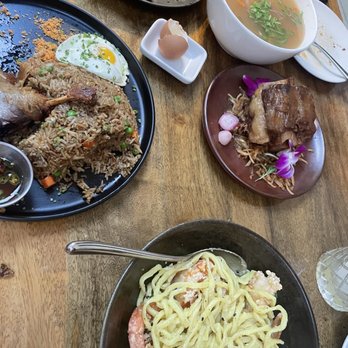 Bone Kettle - Nasi goreng with duck, garlic noodles with giant prawns, broth & noodles with braised ox tails and crispy Brussels sprouts - Breakfast & Brunch Near Me - Pasadena, California