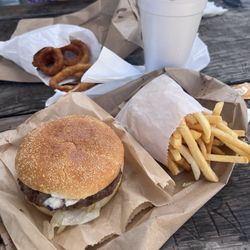 Onion rings, fries, hamburger, milk shake