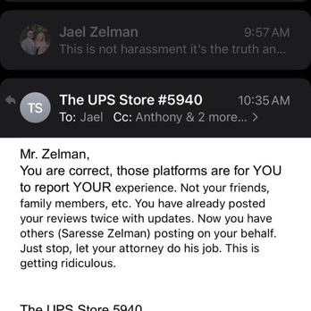 The UPS Store - E mail from the owner - The image displays an email thread on a mobile device, including a message from The UPS Store #5940 in Phoenix, AZ. The email addresses a customer named Jael Zelman, criticizing the customer's reviews and providing the store's address and phone number. The email is part of a conversation about customer experience and review postings. The device shows five messages, with the email from the UPS Store being the most recent, and the interface includes typical email app icons at the bottom. - Shipping Centers Near Me - Phoenix, Arizona