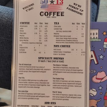 5013 Coffee - Page 1 of menu - Coffee & Tea Near Me - Rockwall, Texas 5013 Coffee - Page 1 of menu - Coffee & Tea Near Me - Rockwall, Texas