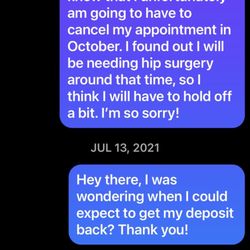 Thunderhand Tattoo - Correspondence with Carly about my cancellation and deposit.