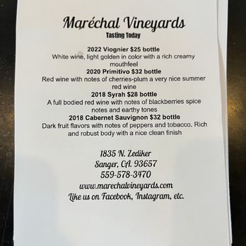 Marechal Vineyards - Tasting menu - Wineries Near Me - Sanger, California