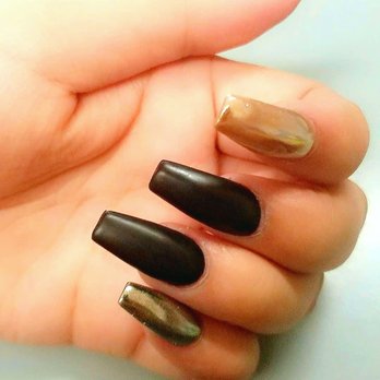 Katie Nails - Long coffin nail shape with black matte and chrome gold and silver! - Nail Salons Near Me - Norwalk, California