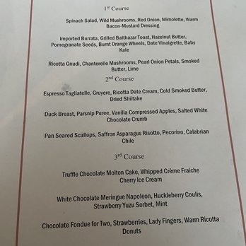Allegory Restaurant and Bar - dinner preset menu - A menu from Allegory restaurant for Valentine's Day, priced at $75 per person, with three courses. The first course includes salads and appetizers such as spinach salad, burrata, and ricotta gnudi. The second course offers pasta dishes like espresso tagliatelle and duck breast. The third course features desserts including truffle chocolate cake, white chocolate meringue, and chocolate fondue. The menu is printed on white paper with a simple border. - Breakfast & Brunch Near Me - Montclair, New Jersey