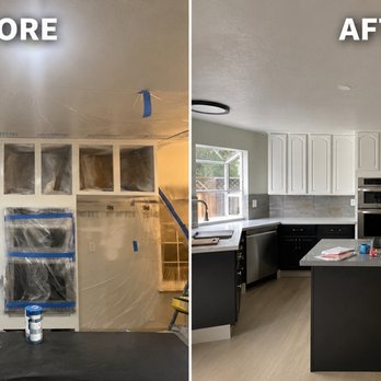 Amethyst Master Craft - Professional two-tone cabinet painting--white upper cabinets and black lower cabinets for a clean, modern kitchen transformation. - Painters Near Me - Plano, Texas Amethyst Master Craft - Professional two-tone cabinet painting--white upper cabinets and black lower cabinets for a clean, modern kitchen transformation. - Painters Near Me - Plano, Texas