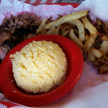 Red State BBQ - Brisket plate with fries and beer cheese grits. - Barbeque Near Me - Lexington, Kentucky Red State BBQ - Brisket plate with fries and beer cheese grits. - Barbeque Near Me - Lexington, Kentucky