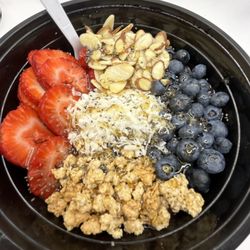 The Juice Shop - Sweet tooth smoothie bowl! Mixed berry base! Almonds, granola, strawberries, blueberries, coconut, chia seeds and honey or agave drizzle!!