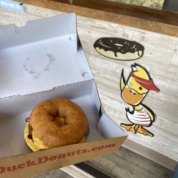 Duck Donuts - Bacon, Egg and Cheese Breakfast Sandwich (with bacon) 3/5 - Donuts Near Me - Irvine, California Duck Donuts - Bacon, Egg and Cheese Breakfast Sandwich (with bacon) 3/5 - Donuts Near Me - Irvine, California