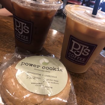 PJ's Coffee - Iced mocha cold brew (left), iced cold brew (we added cream-right), and power cookie (gluten free, low sodium, protein) - Coffee & Tea Near Me - New Orleans, Louisiana
