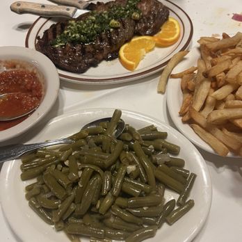 Chalet Basque Restaurant - Ribeye with garlic butter, fries, green beans and salsa. - Basque Near Me - Bakersfield, California