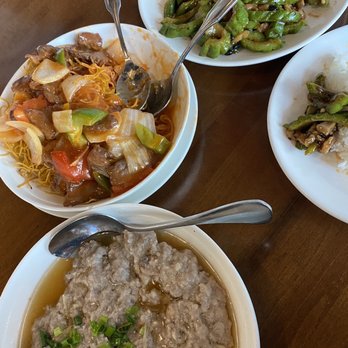 N’Joy Cafe - Steam ground pork with salted fish, bitter melon with chicken and pan fried tomato beef chow mein. - Chinese Near Me - Elk Grove, California N’Joy Cafe - Steam ground pork with salted fish, bitter melon with chicken and pan fried tomato beef chow mein. - Chinese Near Me - Elk Grove, California