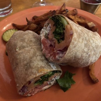 Paul & Elizabeth's - Smoked Salmon Wrap with sweet potato fries. - Seafood Near Me - Northampton, Massachusetts Paul & Elizabeth's - Smoked Salmon Wrap with sweet potato fries. - Seafood Near Me - Northampton, Massachusetts