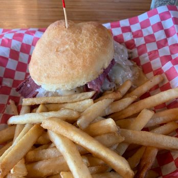 Bridgeside - Reuben sandwich on gluten free bun with fries - American Near Me - Cascade Locks, Oregon