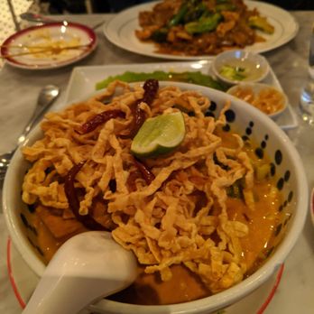 Kitchen 79 - Khao Soi with Fried Tofu in the front; Pad See Ew in the back - Thai Near Me - Jackson Heights, New York