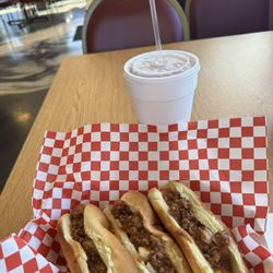 Mayo Drive-In - 9/26/26- Three hotdogs w/ mustard, chili, and onions! Outstanding hotdogs for 1.00 USD each!
