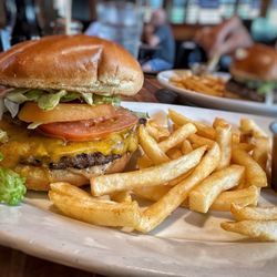 FD's Grillhouse - Cheese burger with an onion ring and fries on the side under $12!
