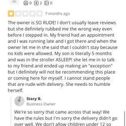 Reviews for Uptown Bride include a negative review from Emily G. criticizing customer service and a positive response from Stacy B., the business owner.