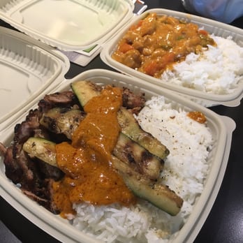 Lemongrass Plates - Grilled plate with chicken in the front, red curry in the back - Asian Fusion Near Me - San Diego, California
