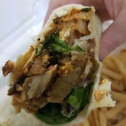 Feisty Greek wrap. Spicy feta, grilled chicken, spinach and red onion